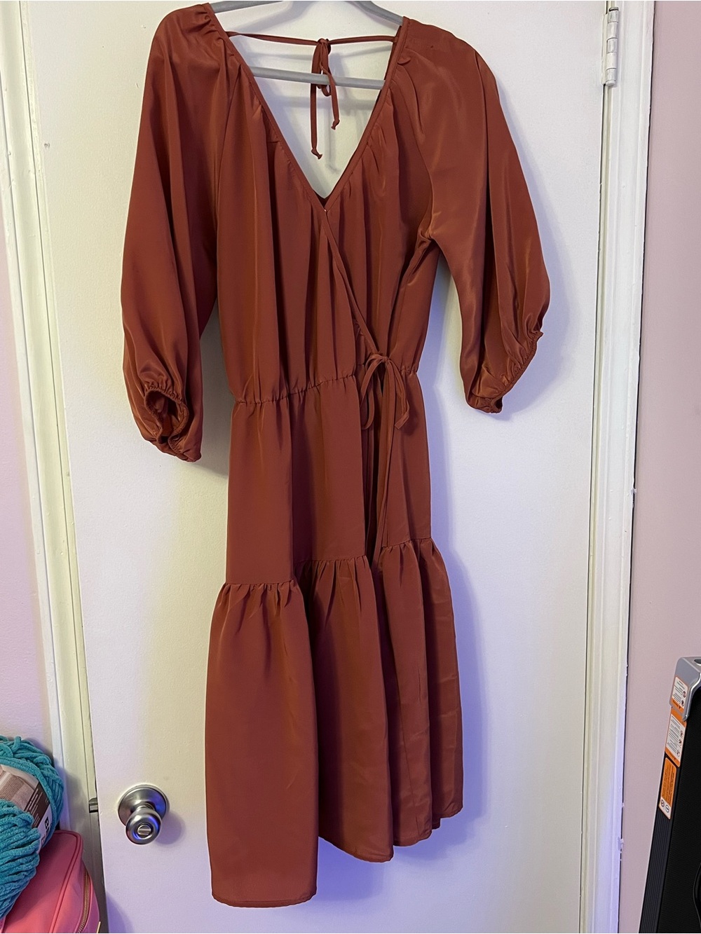 Ophelia Roe Rust Brown V-Neck Tiered Midi Dress